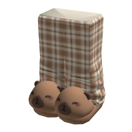 Plaid Brown Pjs w Capybara Slippers