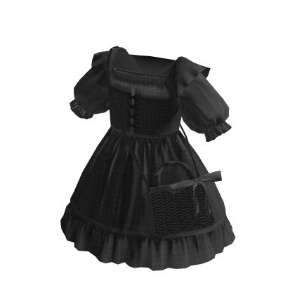 Cottagecore Picnic Girl Dress w/ Basket Bag Black