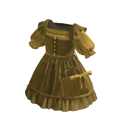 Cottagecore Picnic Girl Dress w/ Basket Bag Yellow