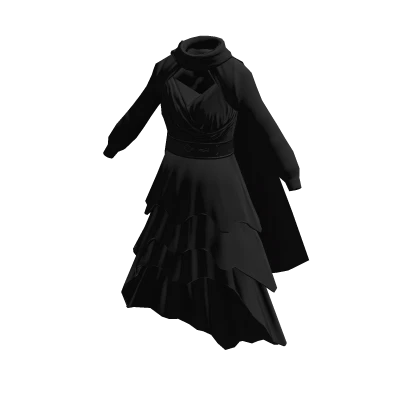 Layered Flowy Cloth Dress w/ Cape in Black