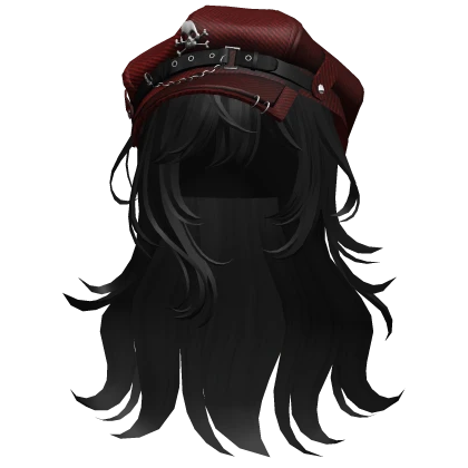 Black Graceful Layered Hair w/ Red Skull Punk Cap
