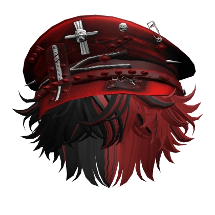 Black & Red Messy Anime Hair w/ Goth Captain Hat