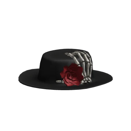  Black Fedora with a Skeleton Hand and Red Rose