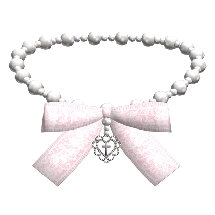 White Heart Pearl Necklace w Pink Bow & Cross