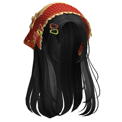 Black Wispy Hair W/ Mori Kei Red Bonnet