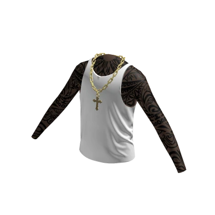 White Tank Top w/ Gold Cross Chain & Sleeves