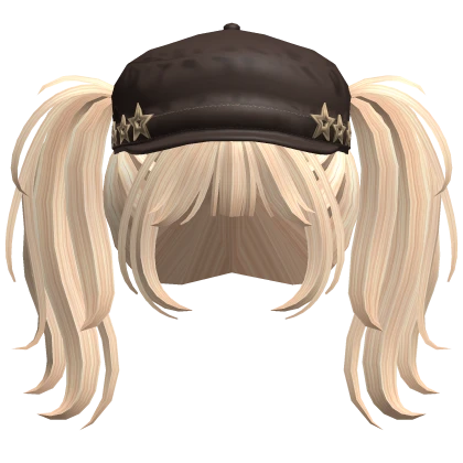 Y2K Blonde Popstar Pigtails w Beret Cap Brown