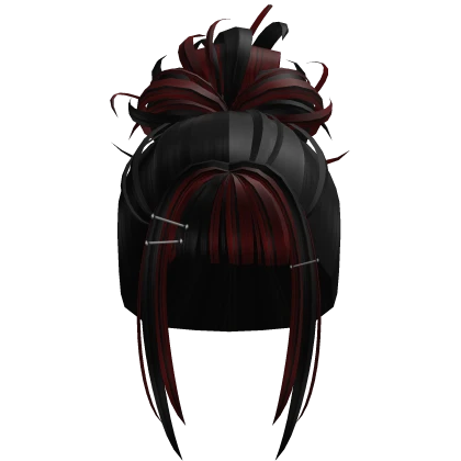 Messy Anime Bun With Hair Clips (Black and Red)
