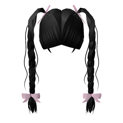 Soft Preppy Kawaii Braids with Pink Bows (Black)