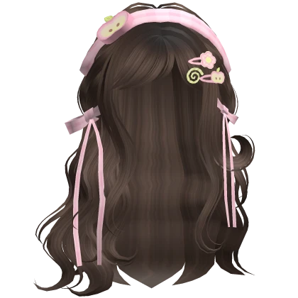 Wispy Brown Waves W/ Pink Headband&Clips