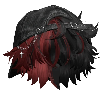 Red&Black Anime Boy Hair w/ Y2K Distressed Hat