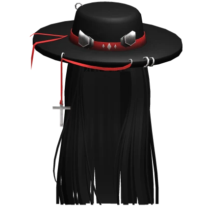 Long Straight Hair w/ Wide Brim Grunge Hat Black