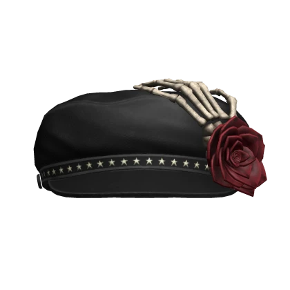 Goth Black Beret Red Rose Skeleton Hand