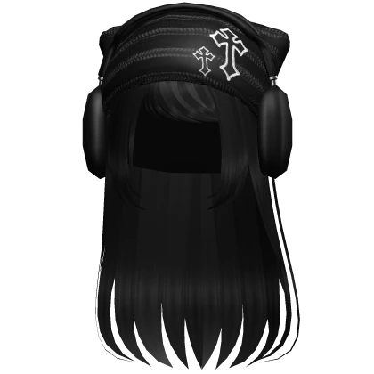 Y2K Hair w Cross Beanie + Headphones Black