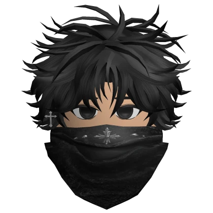 Black Messy Emo Hair w/ Cross Bandana Mask