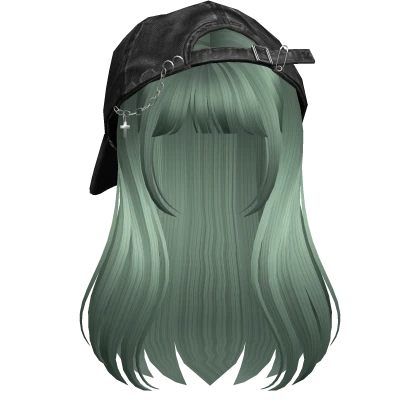 Green long girl hair bangs w/ Y2K Distressed Hat