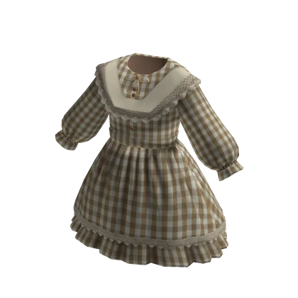 Vintage Plaid Lace Pleated Cottage Dress Beige