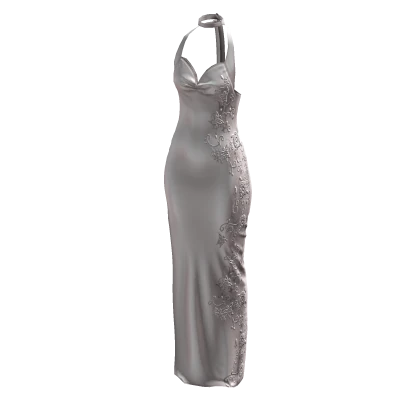 White Slip Dress with a Slit and Butterfly Pattern