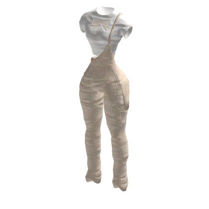 Denim Overalls w/ Ribbon Crop Shirt | Beige White✔