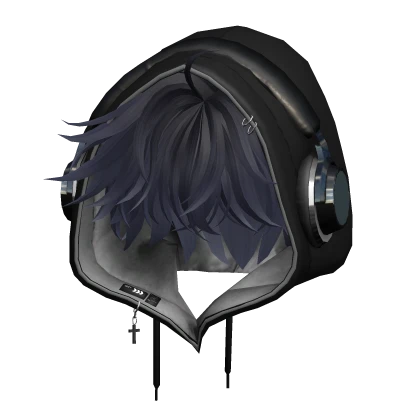 Blue Black Messy Hair w/ Hoodie & Headphones