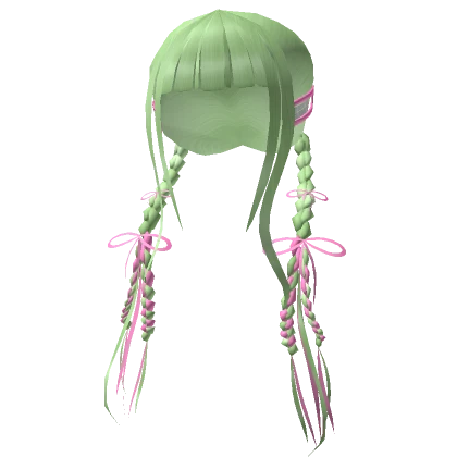 Long Soft Cute Braids with Pink Ribbons in Green