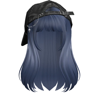 Blue long girl hair bangs w/ Y2K Distressed Hat