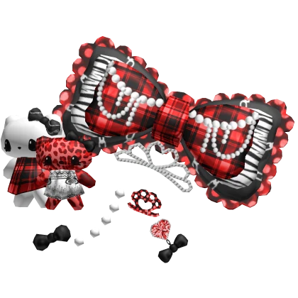 kitty plush charms gyaru red black scene bow tiara