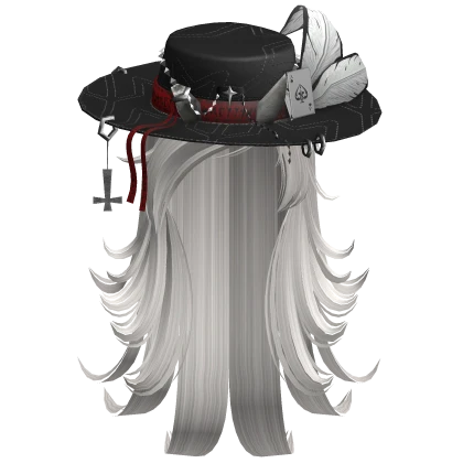 Emo Layered Hair w/ Wide Brim Hat Feather - Black