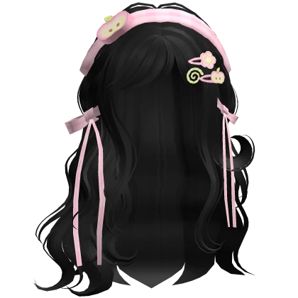 Wispy Black Waves W/ Pink Headband&Clips