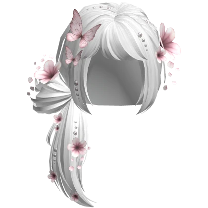White Kawaii Wispy Butterfly Side Bun W/ Flowers
