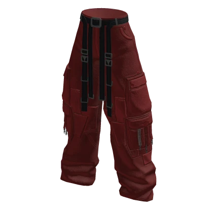 Baggy Cargo Pants w/ Pockets & Belt Straps Red