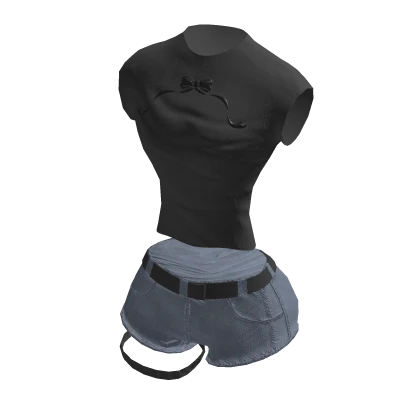 Y2K Ribbon Graphic Crop w/ Jean Shorts | Black✔️
