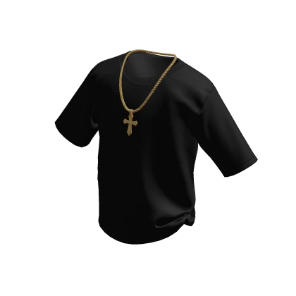 Black T-Shirt w/ Gold Cross Chain