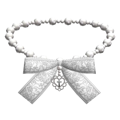 White Heart Pearl Necklace w Bow & Cross