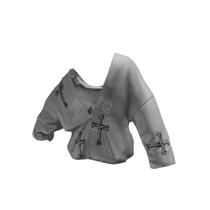 Off Shoulder Zipup Hoodie Grey Jersey Cross