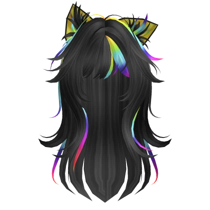 Messy Wolfcut Hair w/ Kitty Ears in Rainbow Black