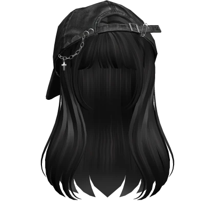 Black long girl hair bangs w/ Y2K Distressed Hat