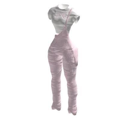 Denim Overalls w/ Ribbon Crop Shirt | Pink White✔️