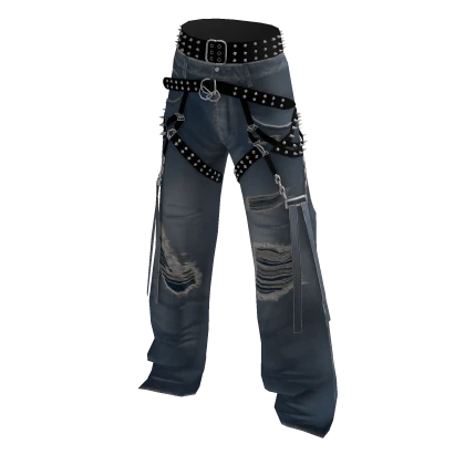 Baggy Ripped Grunge Y2K Studded Belt Jeans Blue