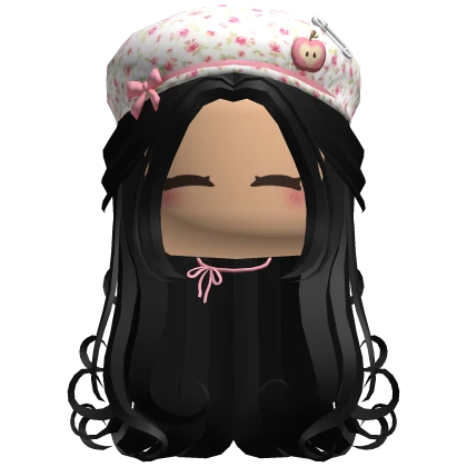 black curly hair w pink rose beret face necklace