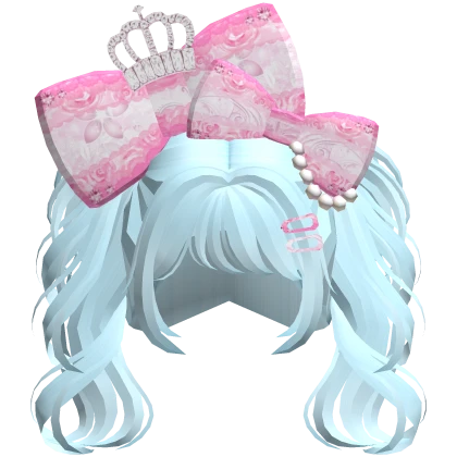 Gyaru Cute Pastel Blue Messy Pigtails w Pink Bows