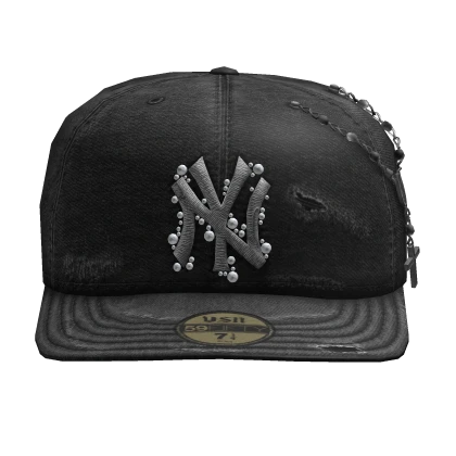 ✤ Black Distressed Fitted Cap w/ Rosary - Forward
