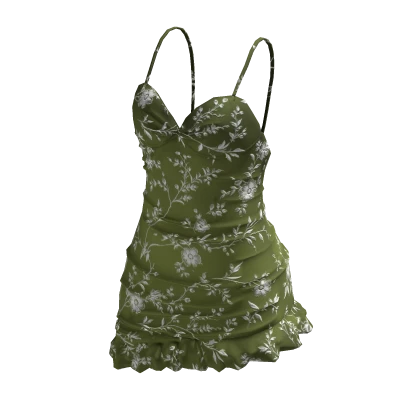 Olive Green Vintage Ruffled Floral Mini Dress