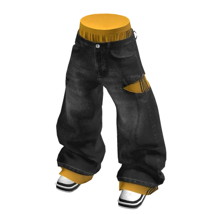 💗Y2K DOUBLE-LAYER RIPPED BAGGY JEANS_B/YELLOW