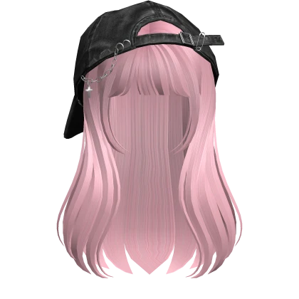 Pink long girl hair bangs w/ Y2K Distressed Hat