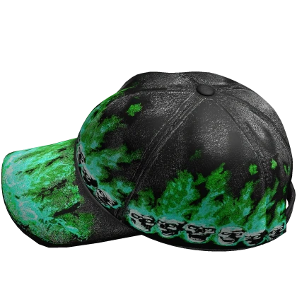 sideways green flaming skull leather cap