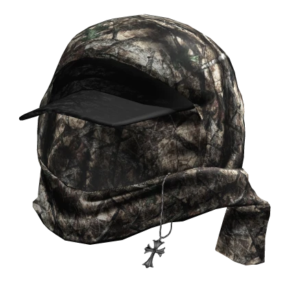 Grunge Camo Print Loose Hood Scarf w/ Cap & Chain