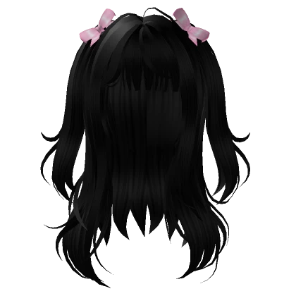 Black Wavy Hair With Doll Pigtails + Pink Bows