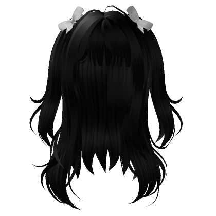 Black Wavy Hair With Doll Pigtails + White Bows