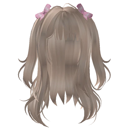 Soft Blonde Wavy Hair With Doll Pigtails+Pink Bows